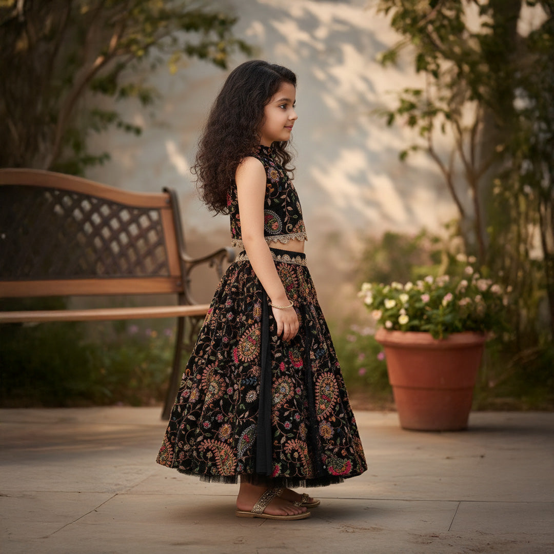 Black Embroidered Fabric Top Lehenga