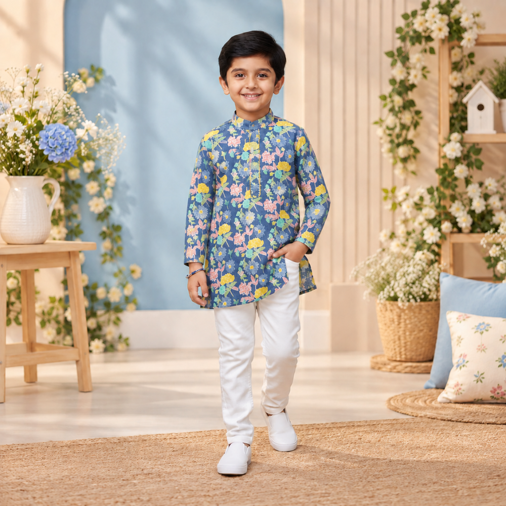 Blue Multicolour Flower Print Kurta Set