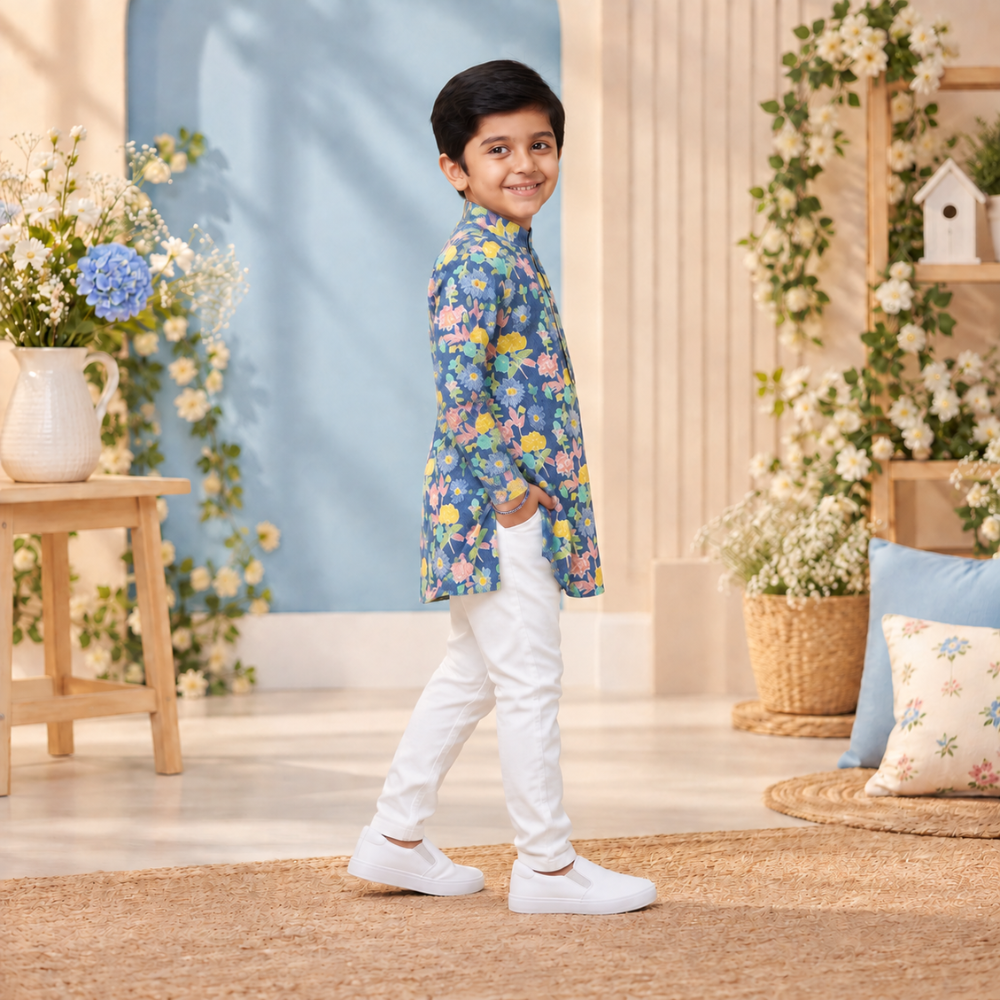 Blue Multicolour Flower Print Kurta Set