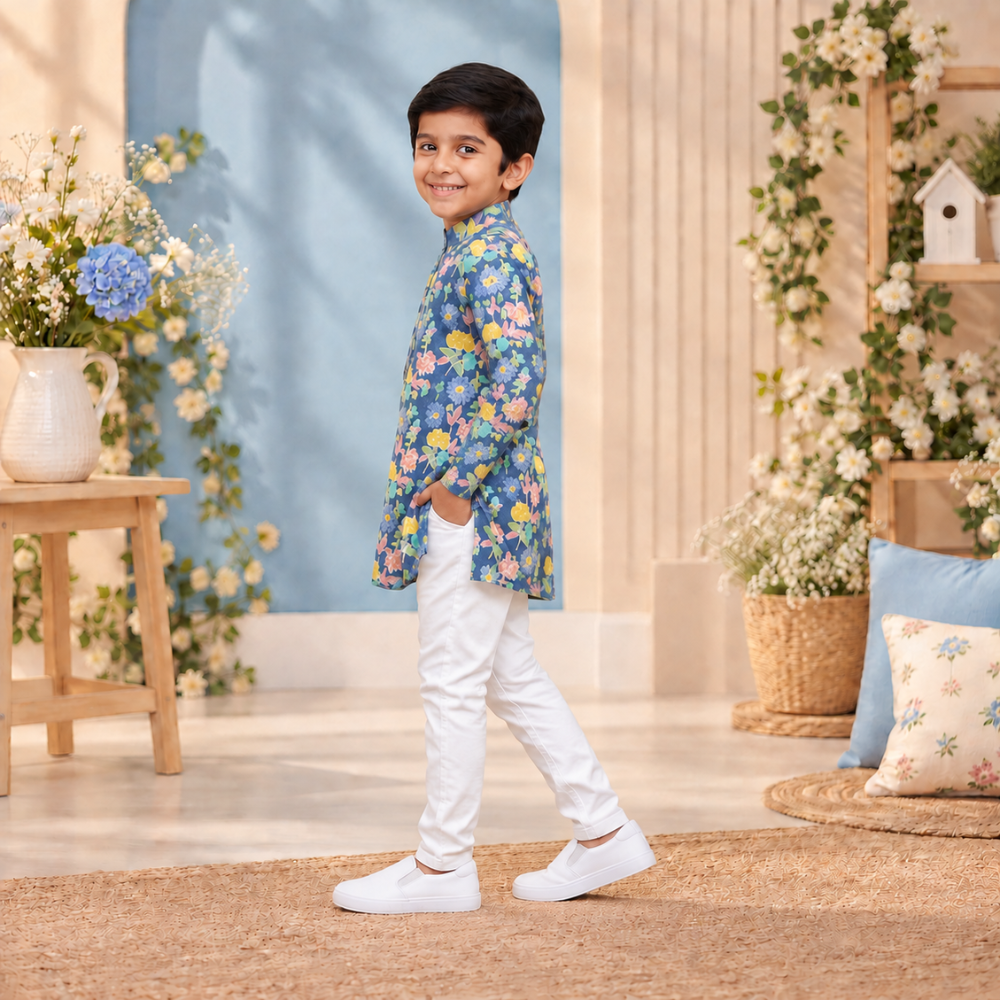 Blue Multicolour Flower Print Kurta Set