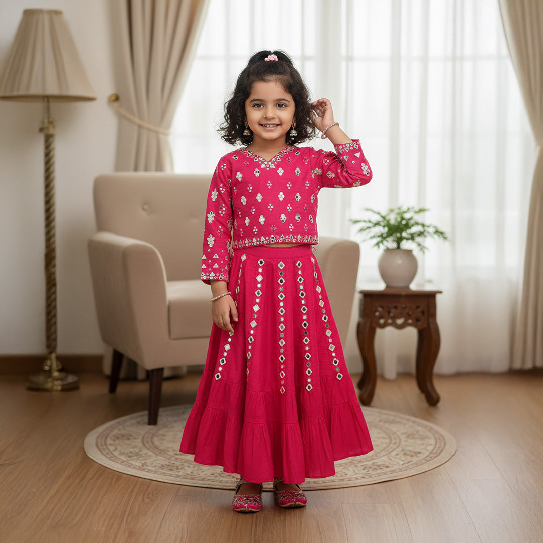 Hot Pink Mirror Embroidered Top With Lehenga Set