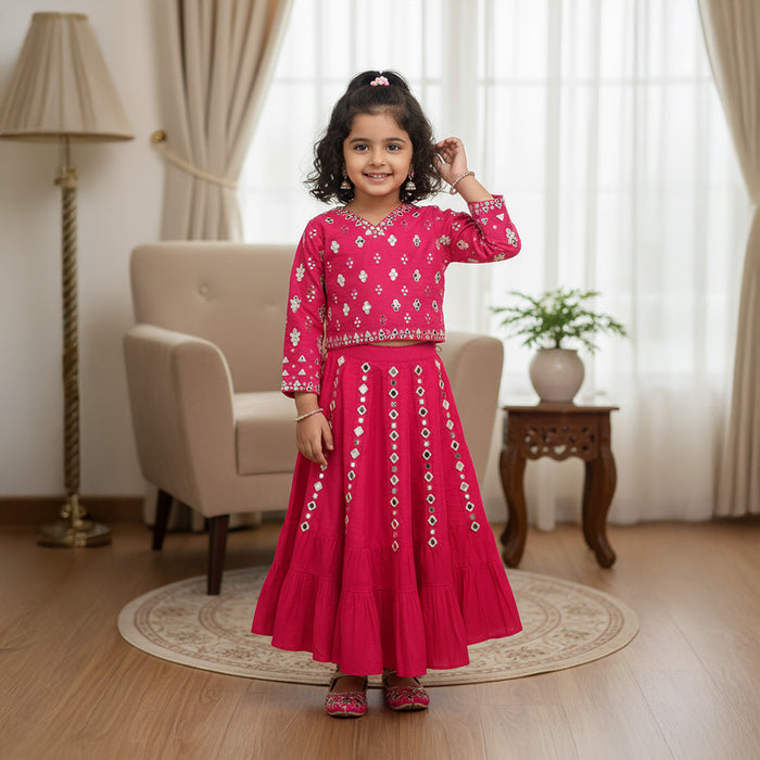 Hot Pink Mirror Embroidered Top With Lehenga Set