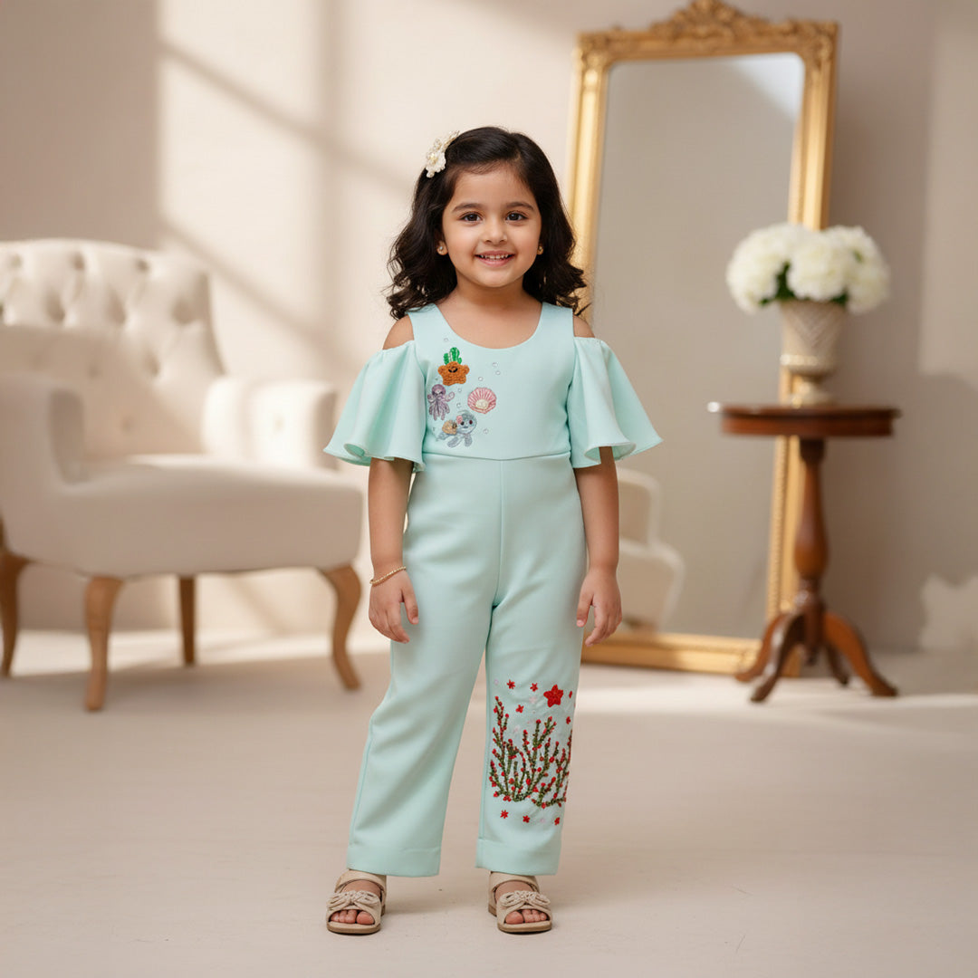 Mint Blue Colour Jumpsuit With Underwater Theme Embroidery