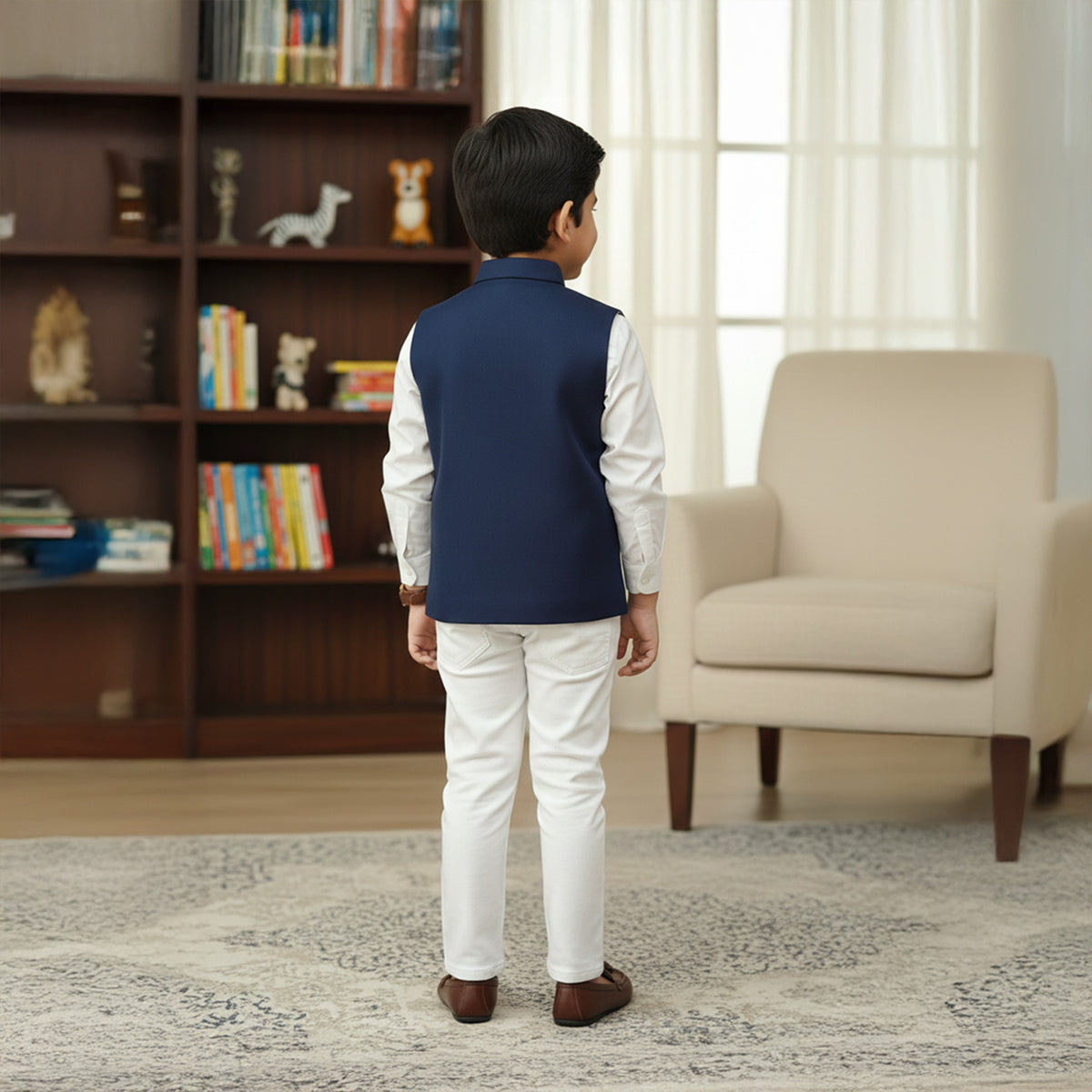 White Shirt With Blue Animal Embroidery Waist Coat