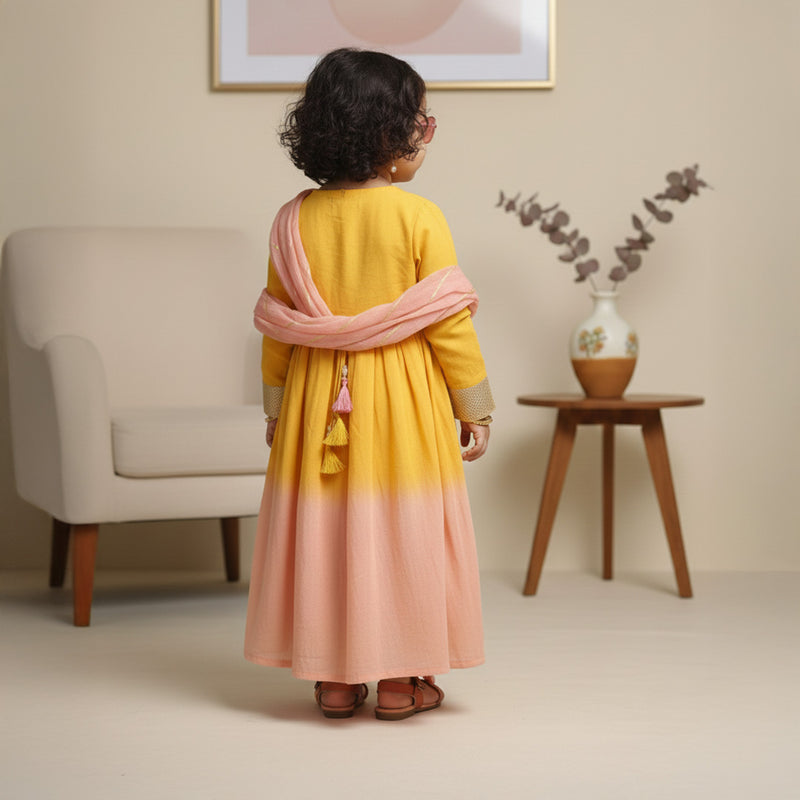 Yellow Peach Shaded Anarkali With Dupatta