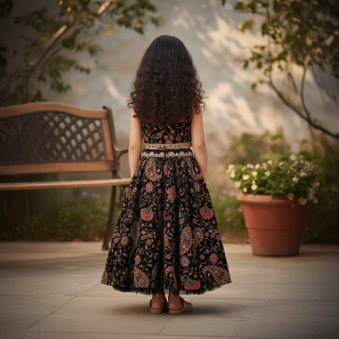 Black Embroidered Fabric Top Lehenga