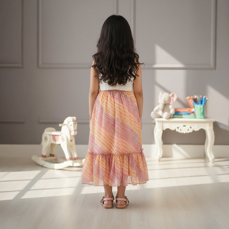 Off White Embroidered Top With Leheriya Printed Skirt