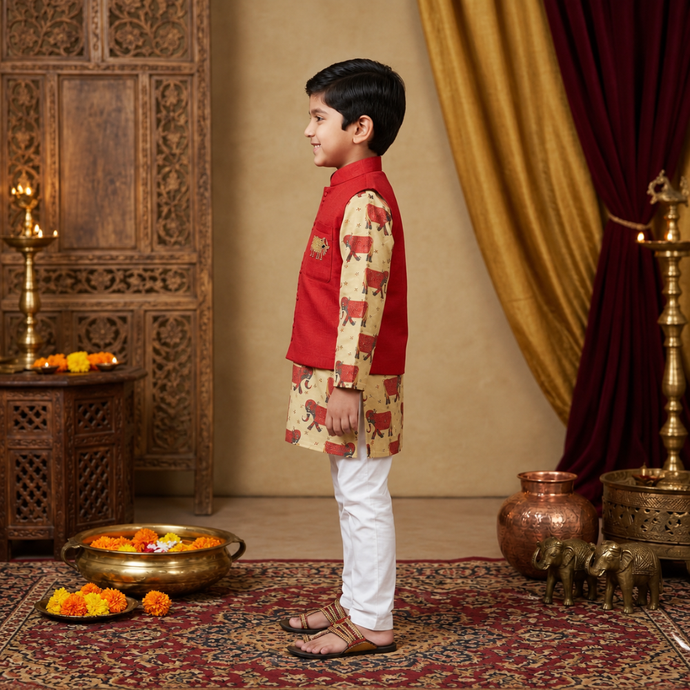 Yellow Elephant Print Kurta With Pocket Embroidered On Jacket