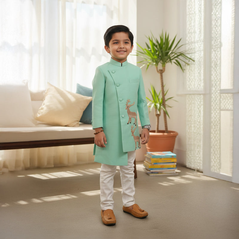 Light Green Sherwani Deer Embroidery Set