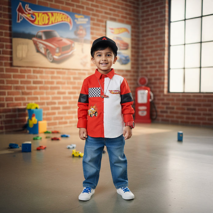 Red and White Hot Wheel Themed Shirt