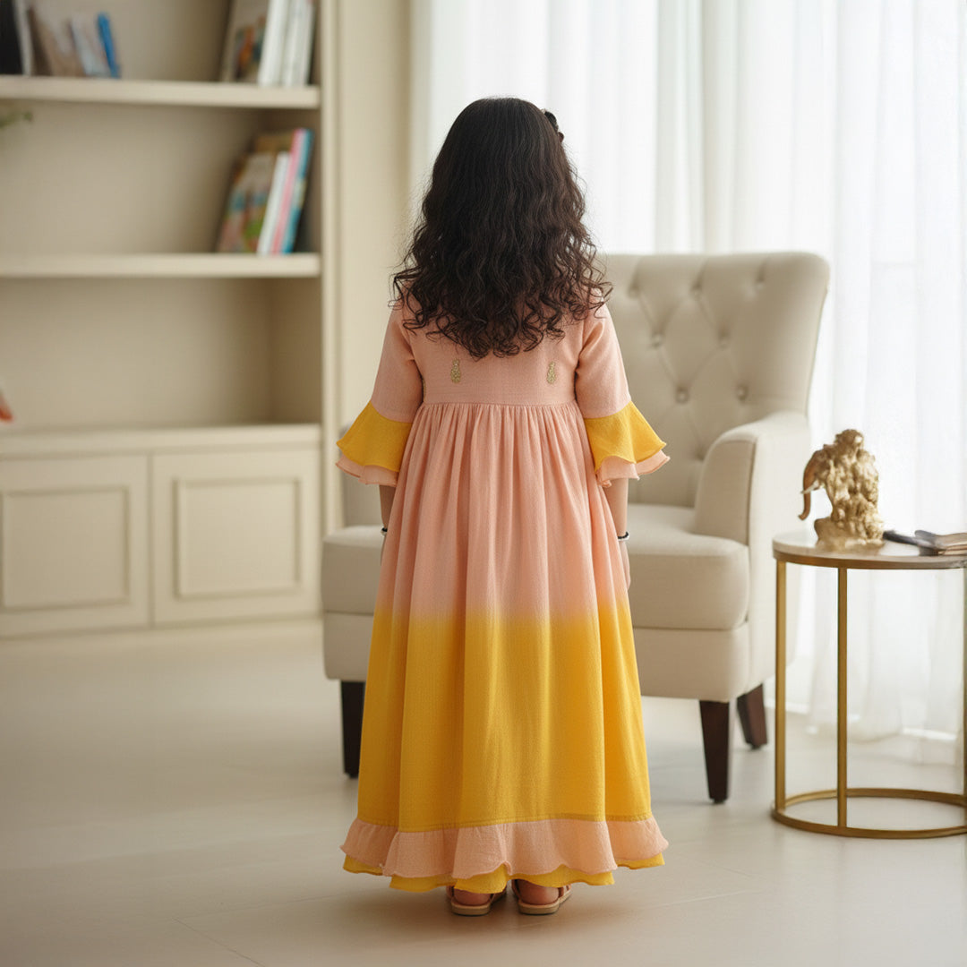 Peach Yellow Shaded Anarkali With Hand Embroidered Buti