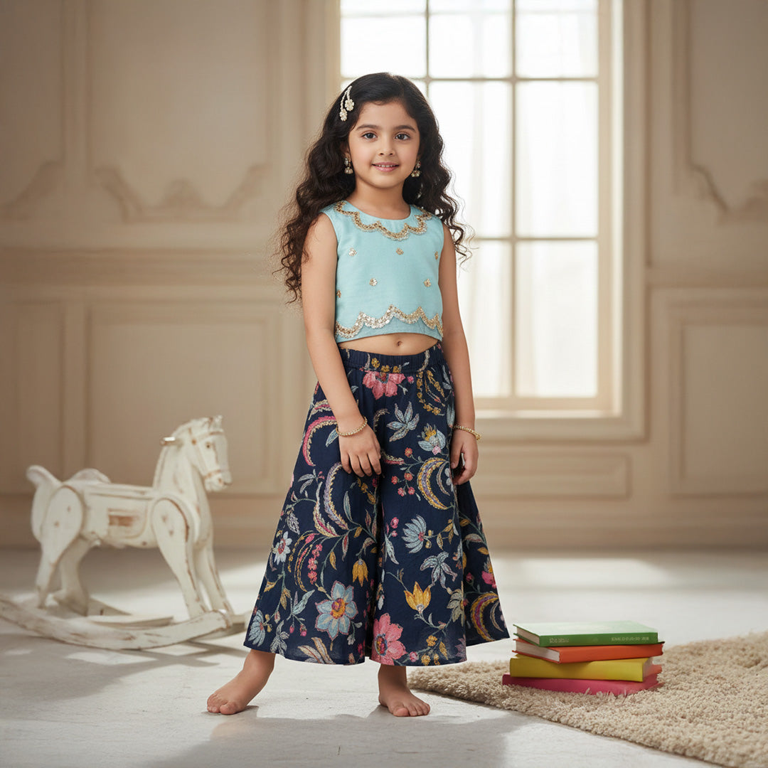 Sky Blue Embroidery Top with Printed Lehenga