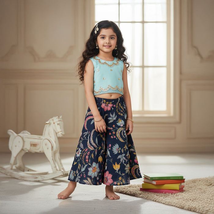 Sky Blue Embroidery Top with Printed Lehenga