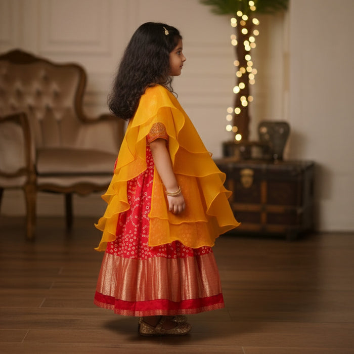 Red Bandhej Embroidery Top and Lehenga With Frill Dupatta
