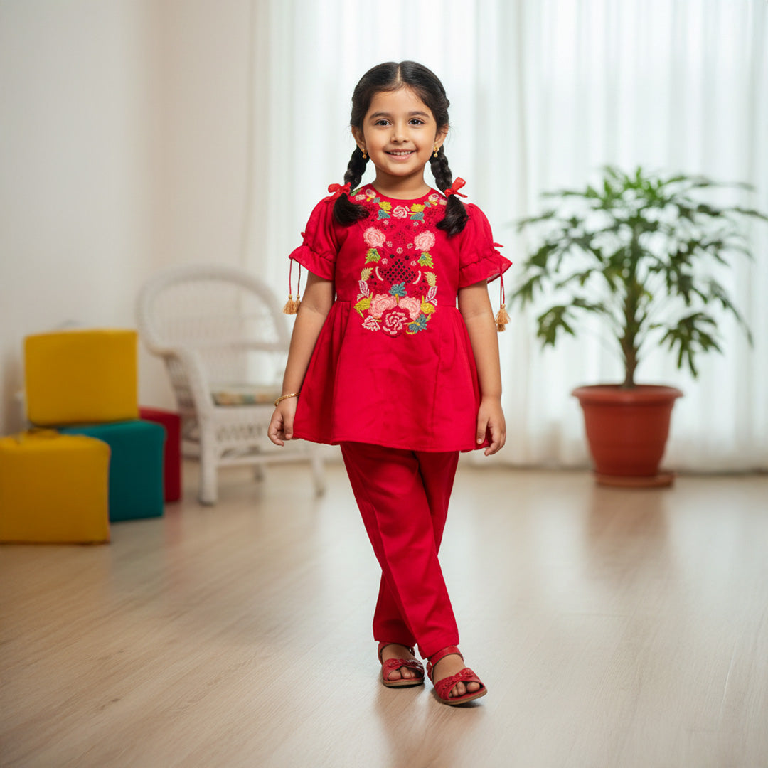 Pink Kurti With Puff Sleeves And Pants