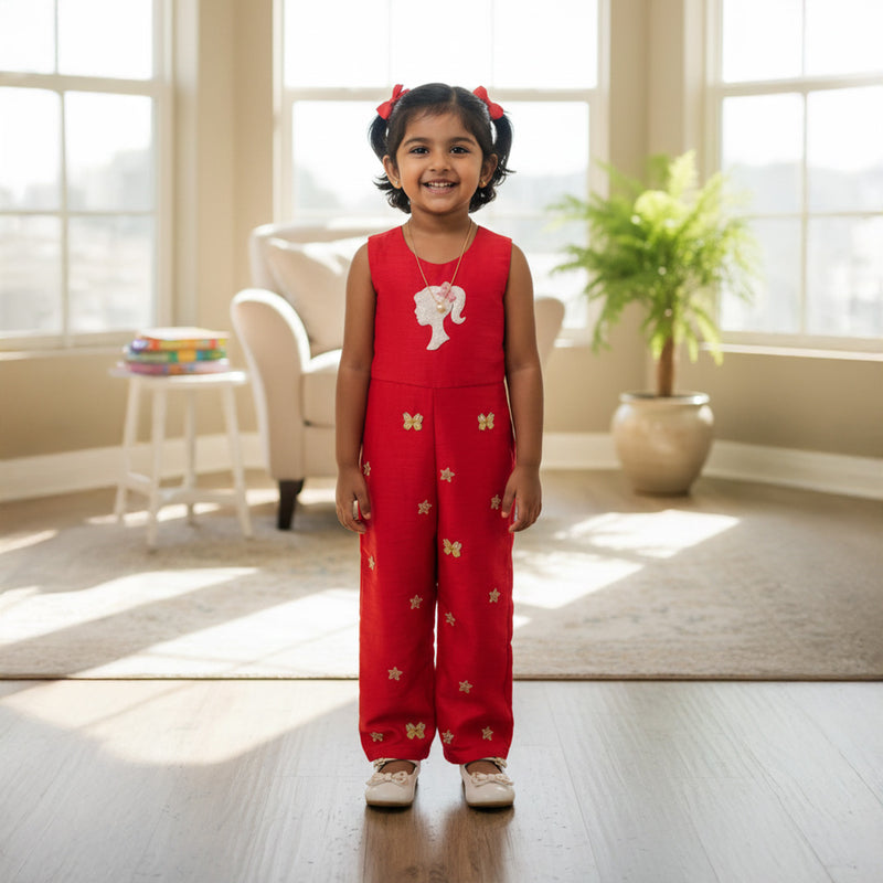 Pink Jumpsuit With Barbie Theme Embroidery