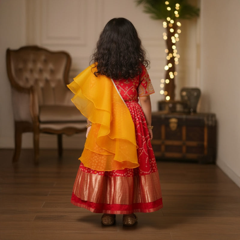 Red Bandhej Embroidery Top and Lehenga With Frill Dupatta