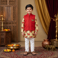 Yellow Elephant Print Kurta With Pocket Embroidered On Jacket