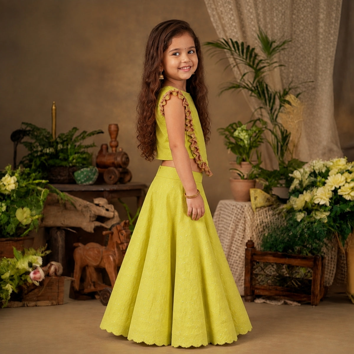 LIME GREEN FOIL WORK TOP AND PALAZZO WITH TASSEL DETAILING ON TOP