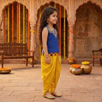 Blue Hand Embroidered V Neck Kurti With Tassel Detailing On The Bottom Hem with Dhoti Pants
