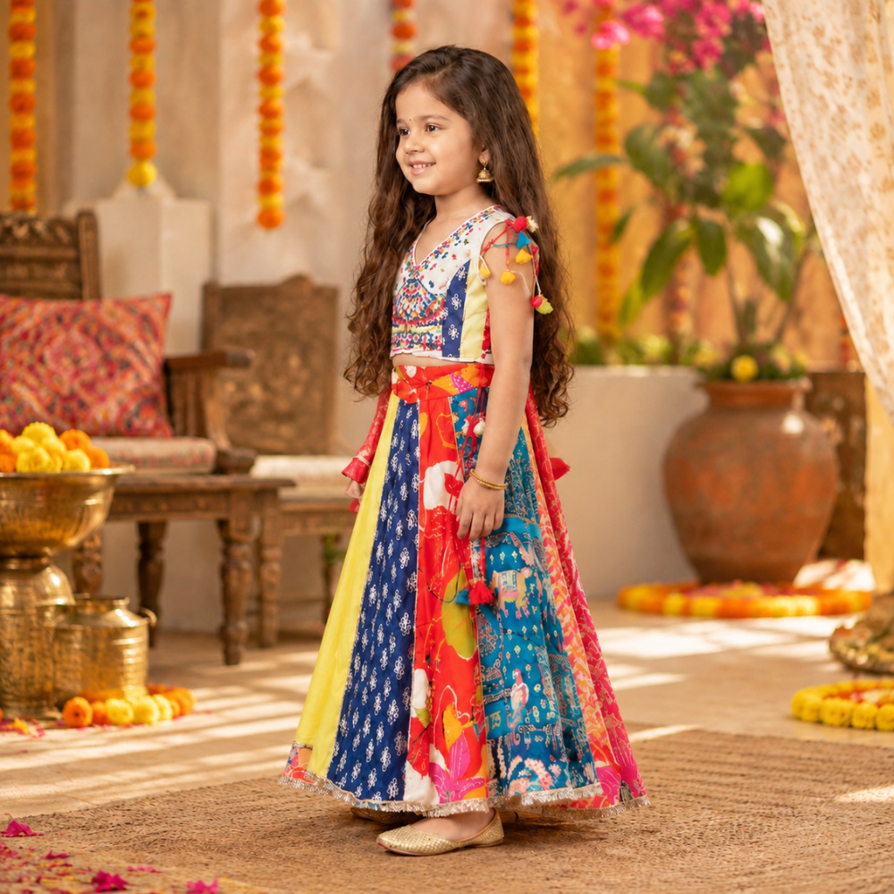 MULTICOLOUR KALI LEHENGA WITH MIRROR EMBROIDERY TOP