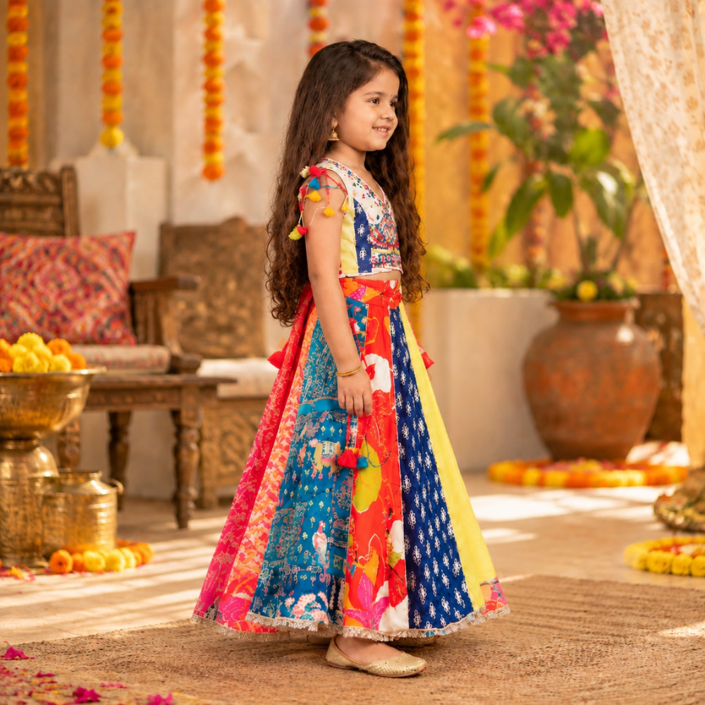 MULTICOLOUR KALI LEHENGA WITH MIRROR EMBROIDERY TOP
