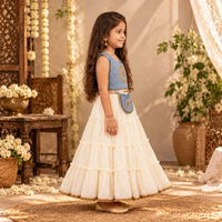 Blue Denim Embroidery Top With Pleated Lehenga With Potli