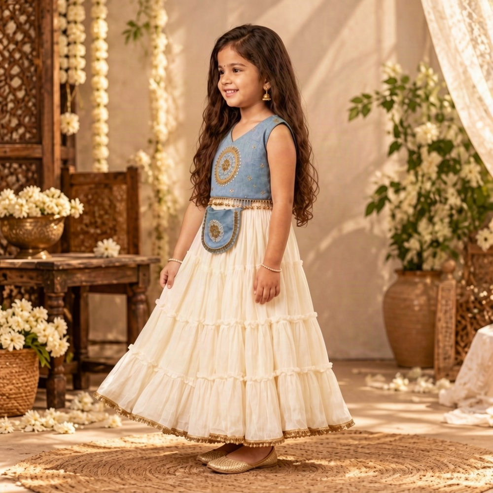 Blue Denim Embroidery Top With Pleated Lehenga With Potli