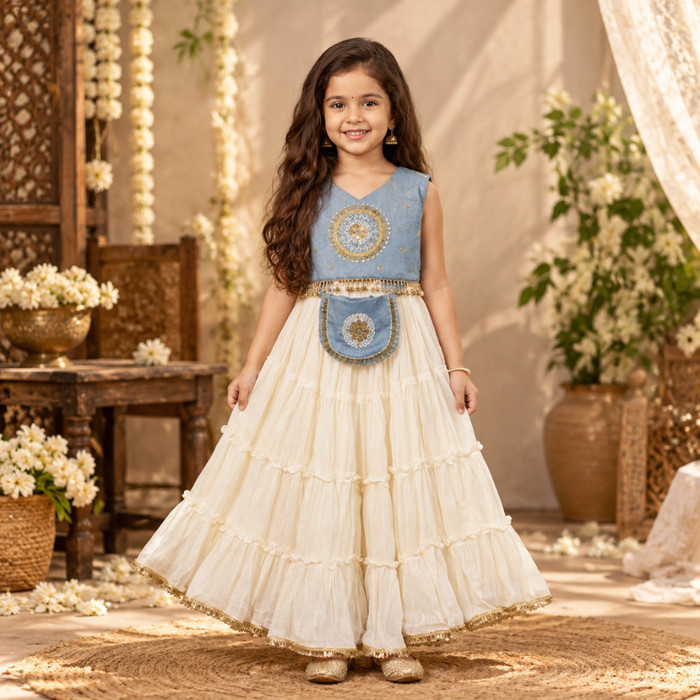 Blue Denim Embroidery Top With Pleated Lehenga With Potli