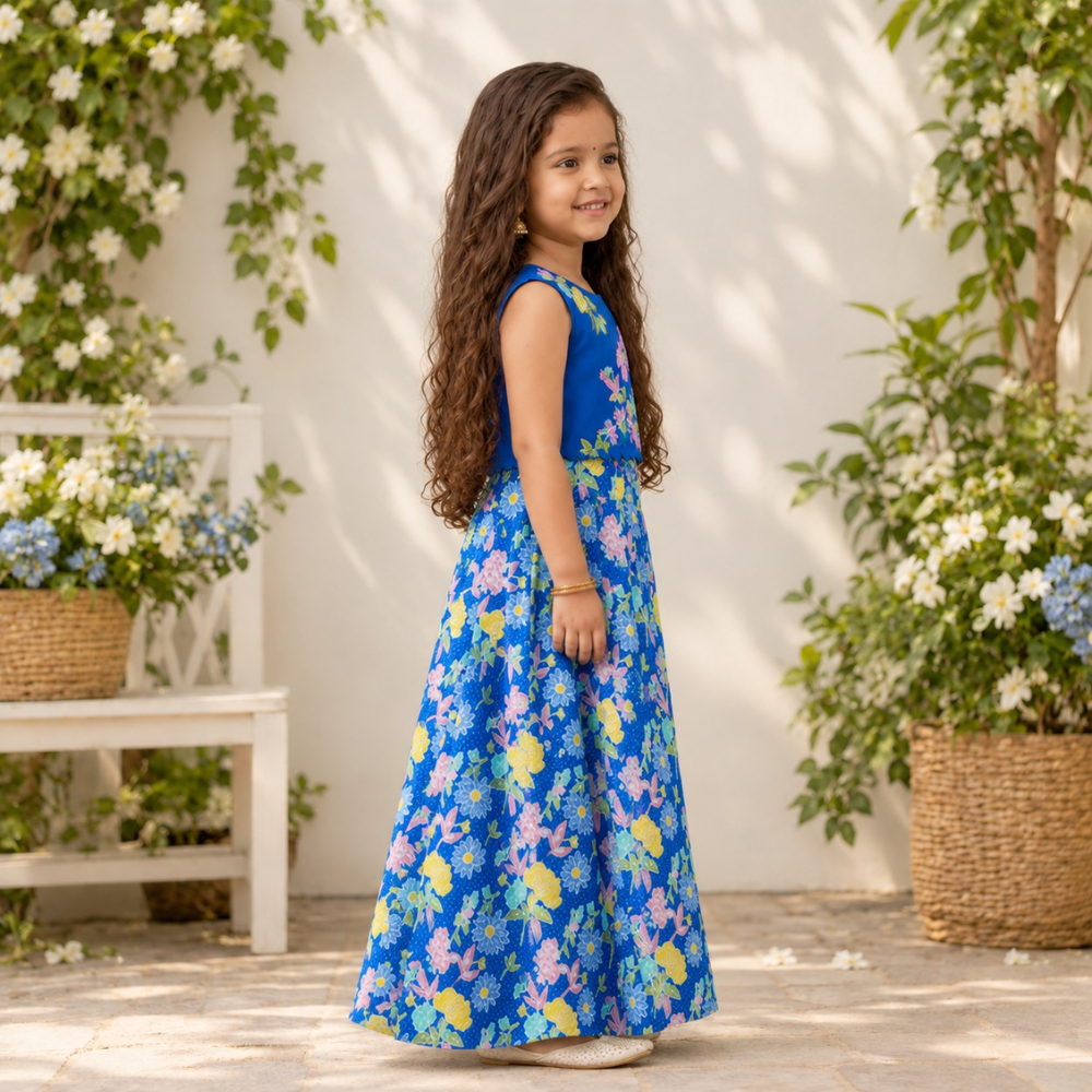 Blue Embroidered Top With Printed Floral Lehenga