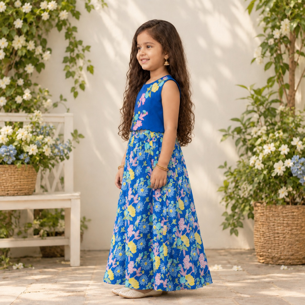 Blue Embroidered Top With Printed Floral Lehenga