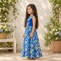 Blue Embroidered Top With Printed Floral Lehenga