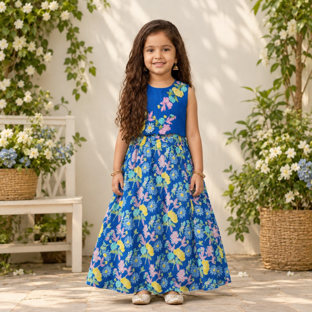 Blue Embroidered Top With Printed Floral Lehenga