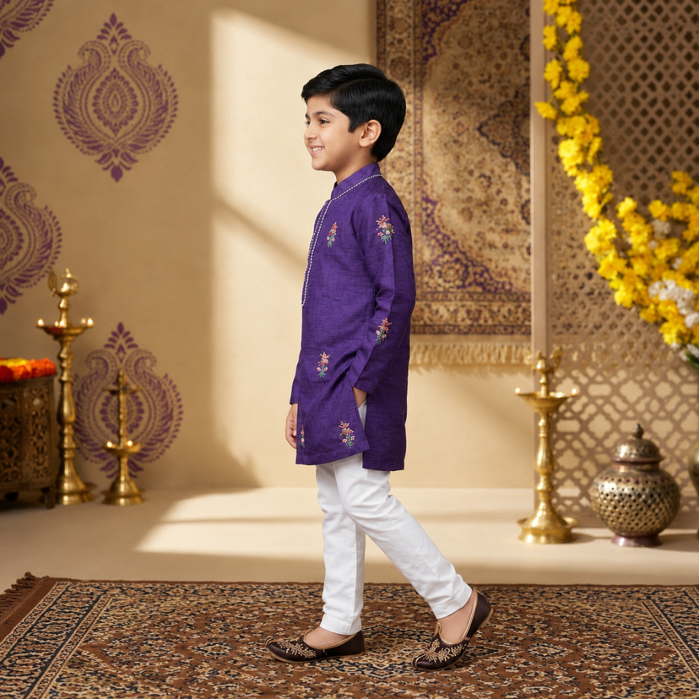 Purple Embroidered Kurta Set With Pearl Detailing On Button Patti