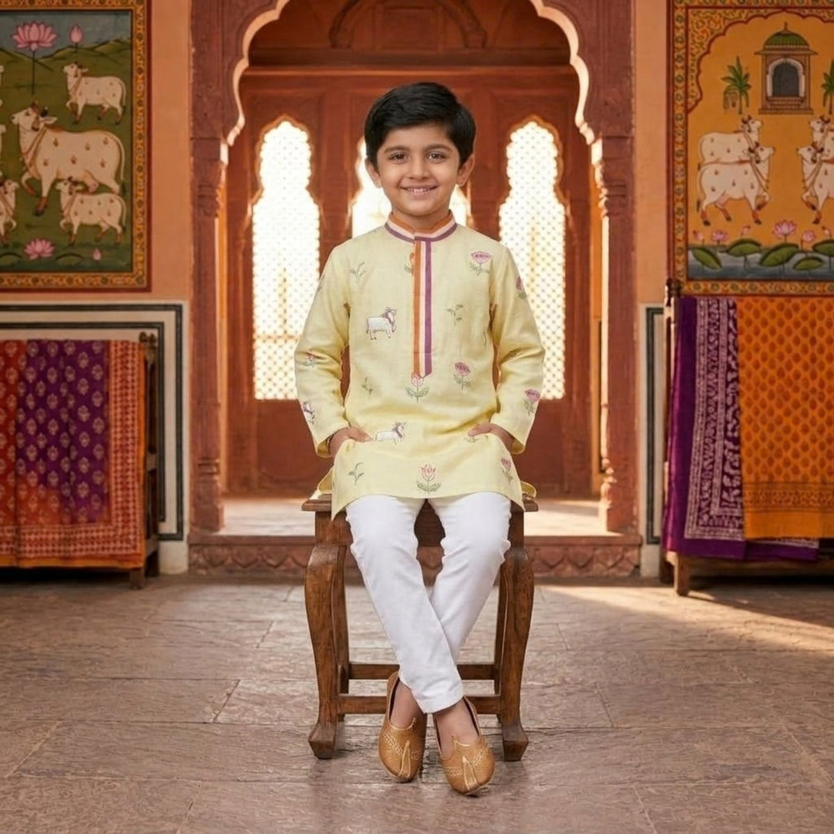 COW EMBROIDERED KURTA SET WITH ANCHORING ON BUTTON PLACKET AND COLLAR