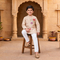 Boys' Embroidered Asymmetrical Beige Kurta with White Churidar Set