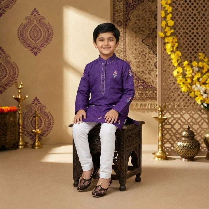 Purple Embroidered Kurta Set With Pearl Detailing On Button Patti