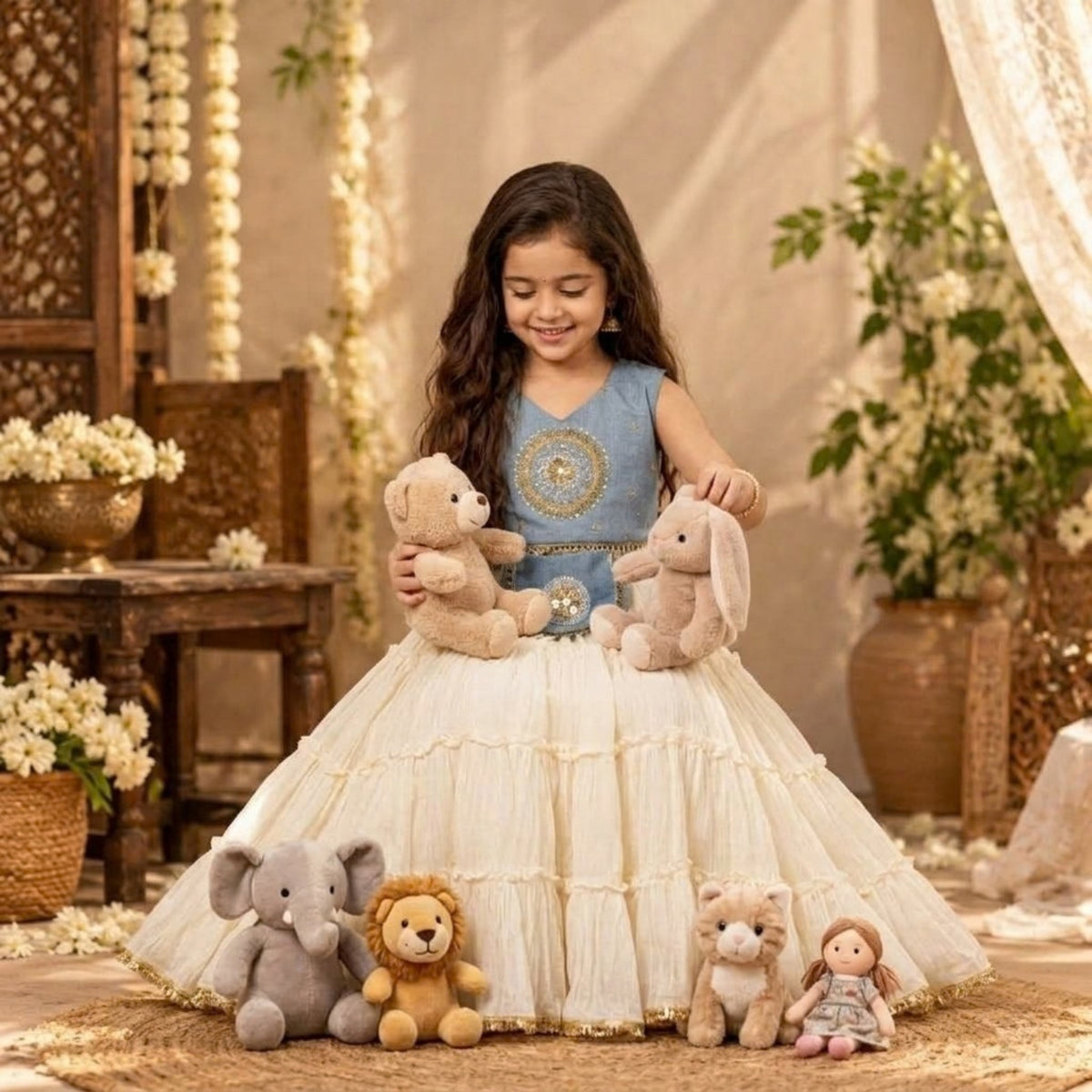 Blue Denim Embroidery Top With Pleated Lehenga With Potli