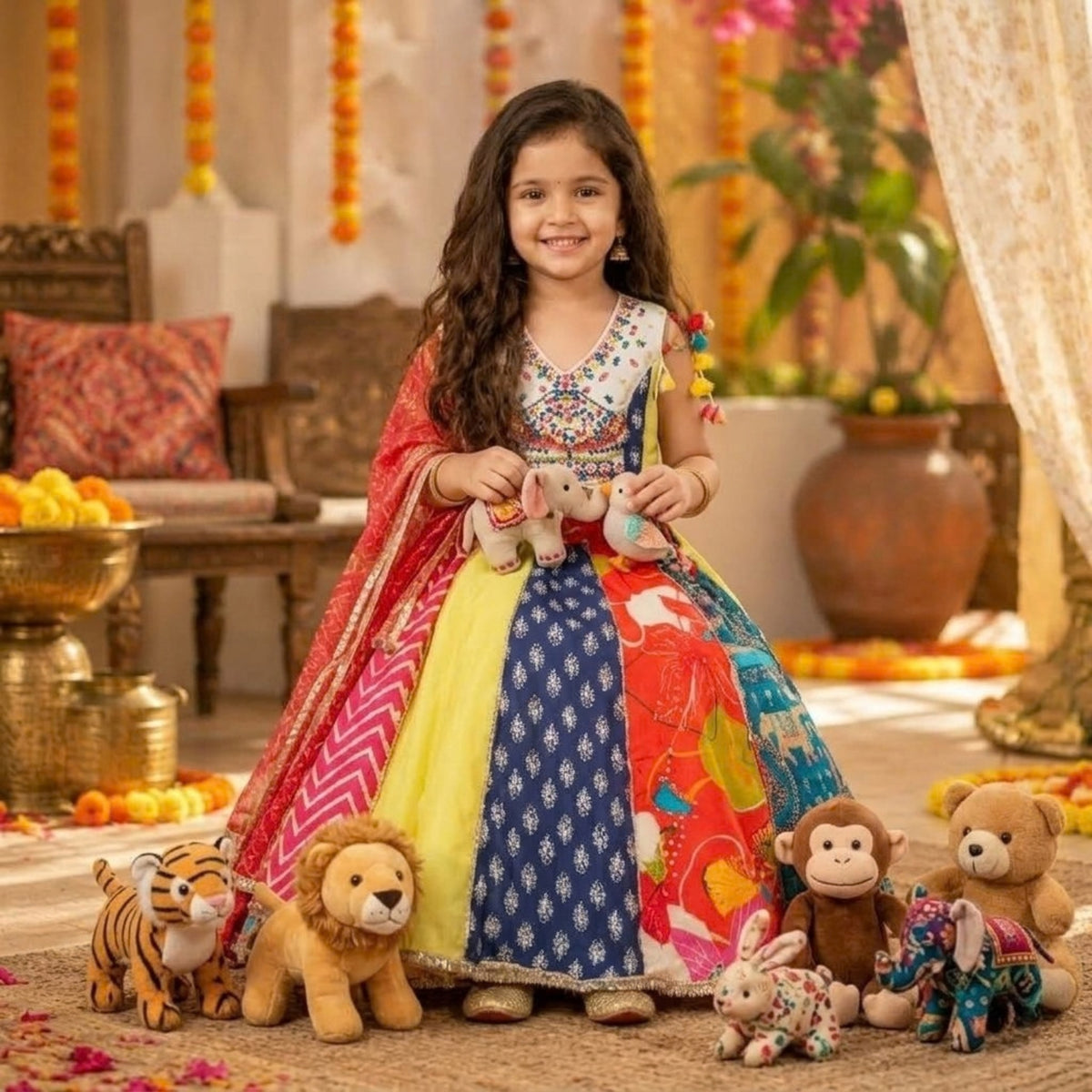 MULTICOLOUR KALI LEHENGA WITH MIRROR EMBROIDERY TOP