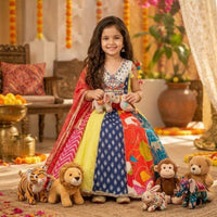 MULTICOLOUR KALI LEHENGA WITH MIRROR EMBROIDERY TOP