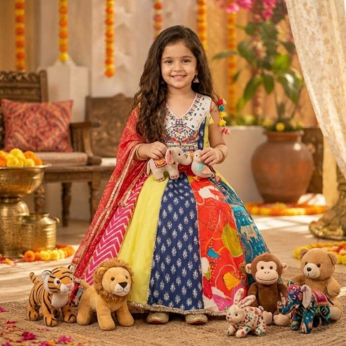 MULTICOLOUR KALI LEHENGA WITH MIRROR EMBROIDERY TOP