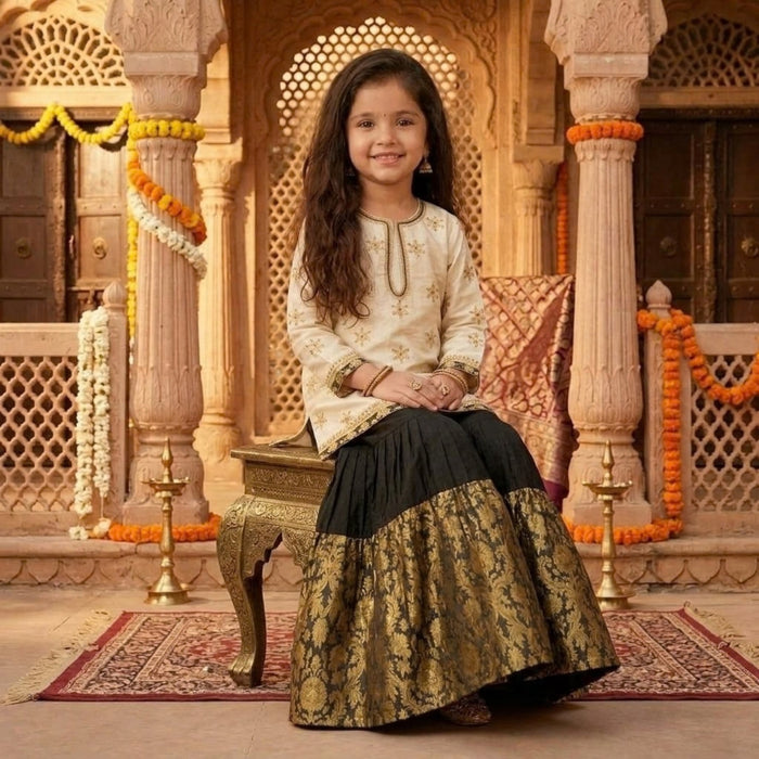 Cream & Black Embroidered Festive Sharara Set
