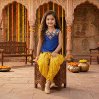 Blue Hand Embroidered V Neck Kurti With Tassel Detailing On The Bottom Hem with Dhoti Pants