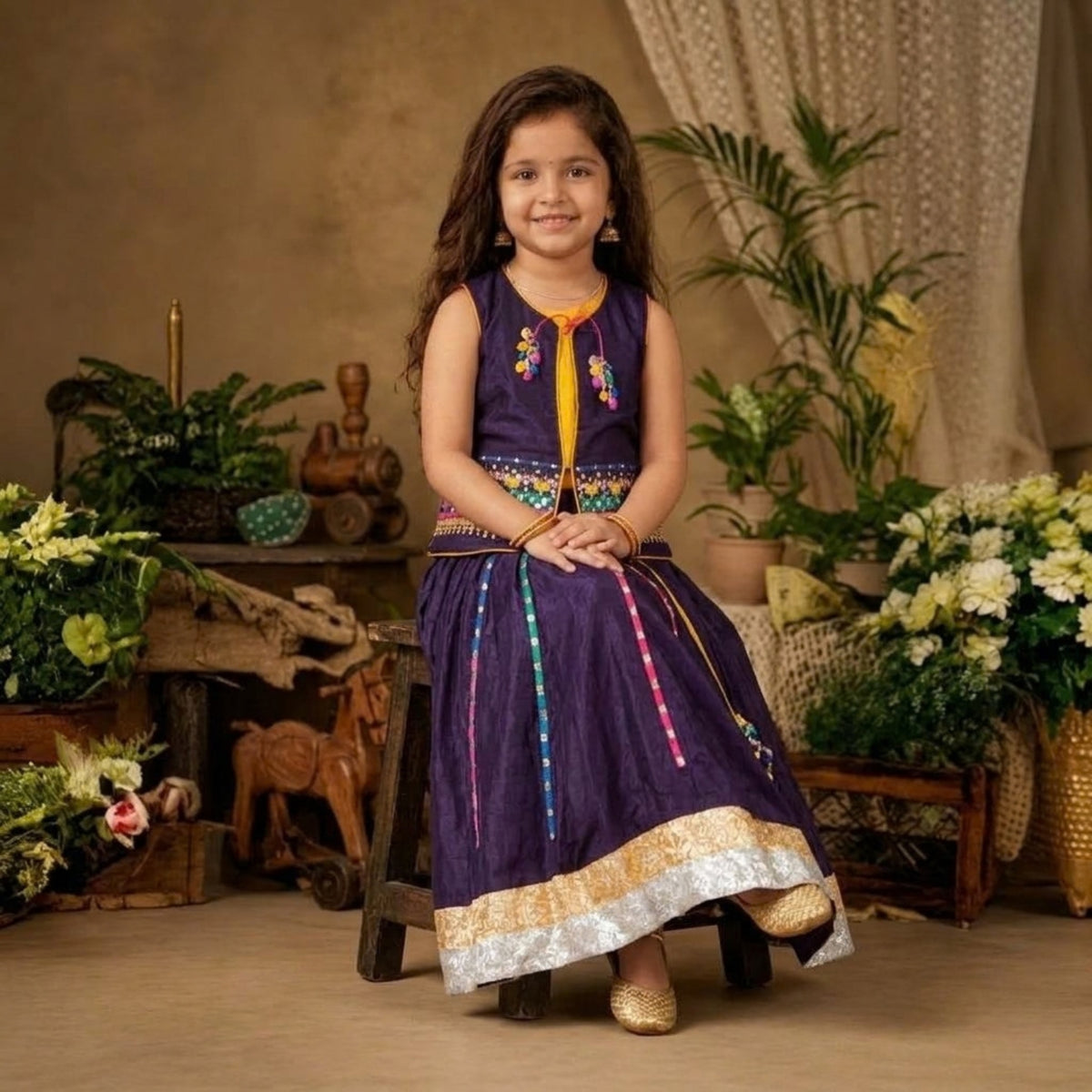 Purple Embroidered Jacket With Inner And Colourful Lace Lehenga