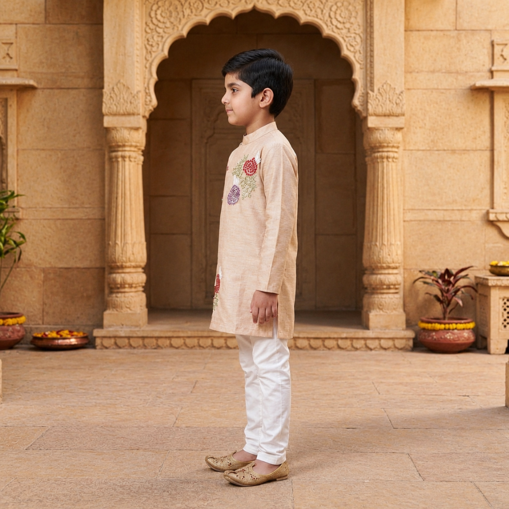 Boys' Embroidered Asymmetrical Beige Kurta with White Churidar Set