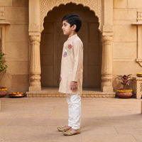 Boys' Embroidered Asymmetrical Beige Kurta with White Churidar Set