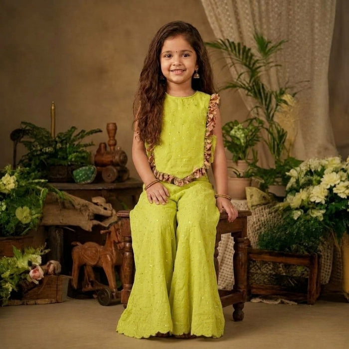 LIME GREEN FOIL WORK TOP AND PALAZZO WITH TASSEL DETAILING ON TOP