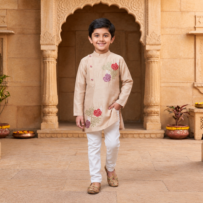 Boys' Embroidered Asymmetrical Beige Kurta with White Churidar Set