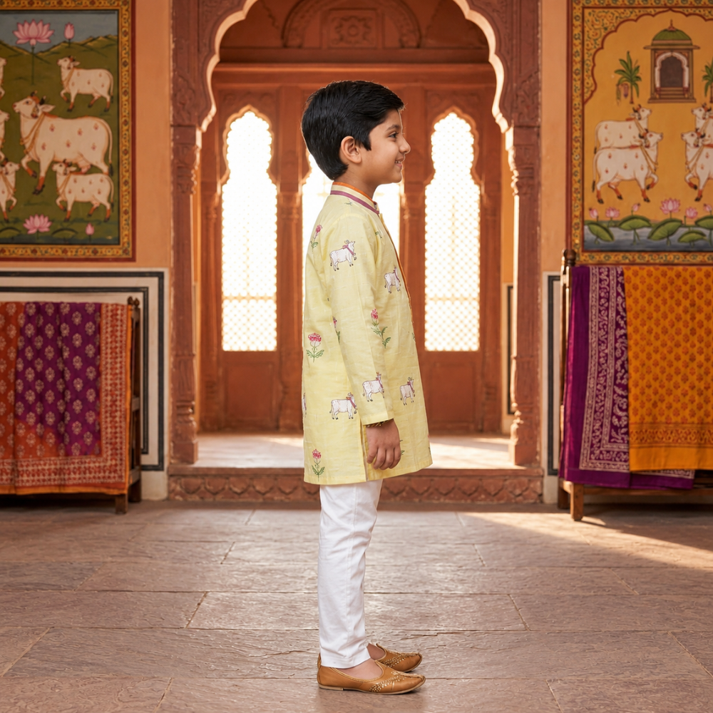 COW EMBROIDERED KURTA SET WITH ANCHORING ON BUTTON PLACKET AND COLLAR