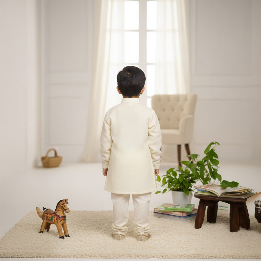 Floral Thread Embroidered off White Kurta Pant Set
